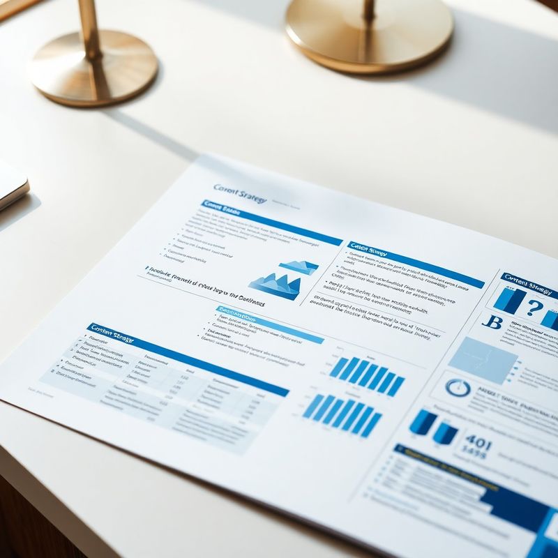 Documento de estrategia de contenidos con tablas y clusters temáticos sobre una mesa